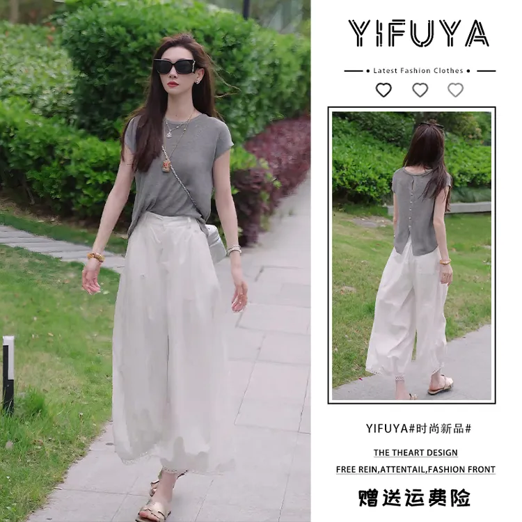 2025年夏季网红时尚针织上衣白色阔腿裤微胖显瘦小众设计感两件套