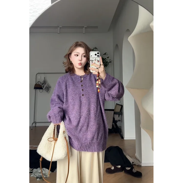【瘦瘦】赫拉小姐-大码羊毛圆领半门襟氛围感百搭插肩袖毛衣F0058