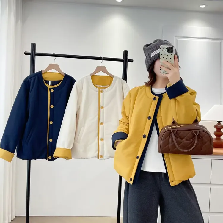大码胖mm百搭休闲拼接撞色加厚保暖棉服外套冬季新款减龄宽松棉袄