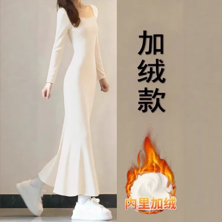 白色步步生莲鱼尾连衣裙女秋冬季梨形伯克利裙子针织内搭包臀长裙
