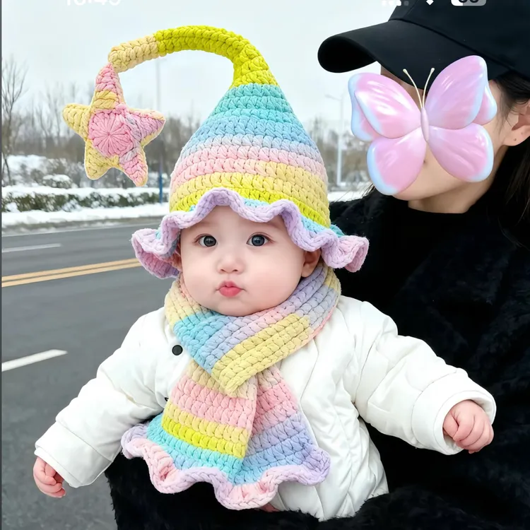 精灵帽8股手编围巾手工钩织毛线女巫帽冬天保暖宝妈宝宝DIY材料包