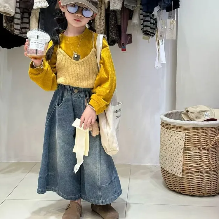 韩系童装2025秋季新款女孩针织吊带背心叠穿长袖打底衫牛仔裤套装