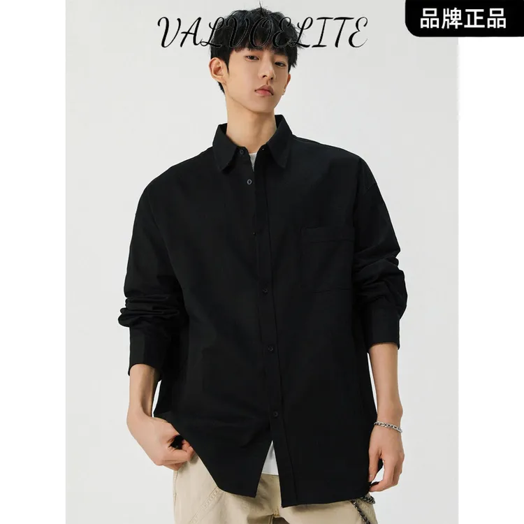 VALVOELITE设计感黑色长袖衬衫男春秋新款韩男士韩版宽松纯色衬衫