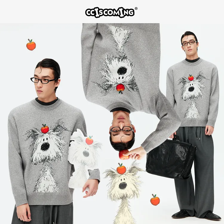NPC潮牌CC系列芝麻底提花潦草小狗针织毛衣男女同款秋新CC59SW02