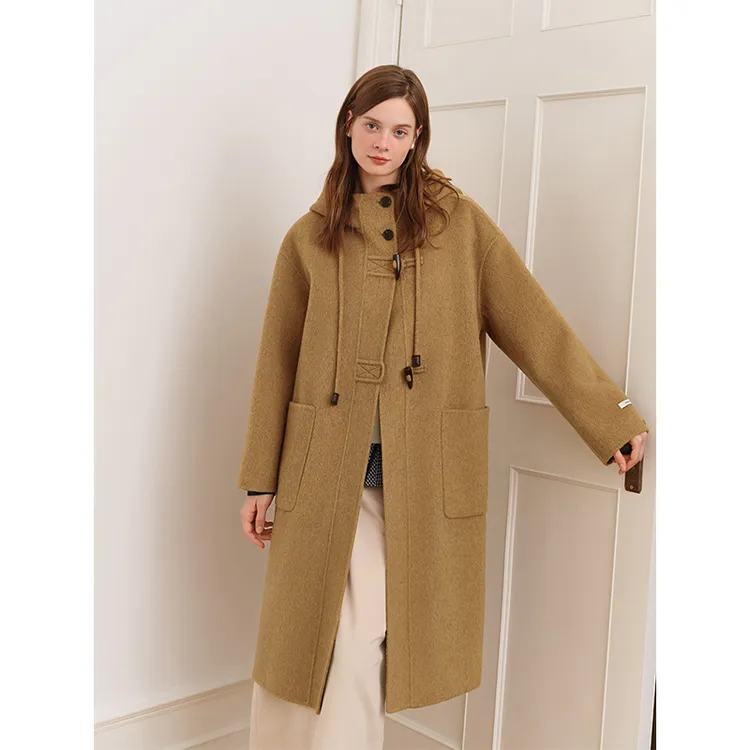 范思蓝恩减龄学院风连帽外套冬慵懒羊毛双面牛角扣大衣25FS14192