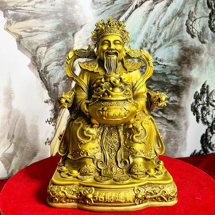 纯黄铜材质财神文财神手托如意聚宝盆供奉开业居家摆件