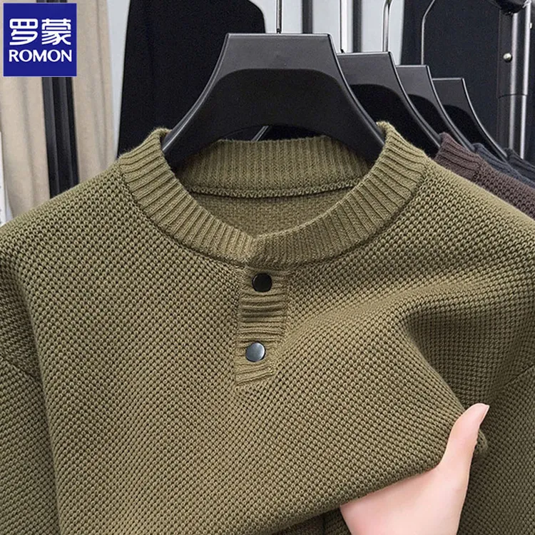 罗蒙男士秋冬新款纯棉毛衫纽扣男士半开领毛衣商务休闲针织打底衫