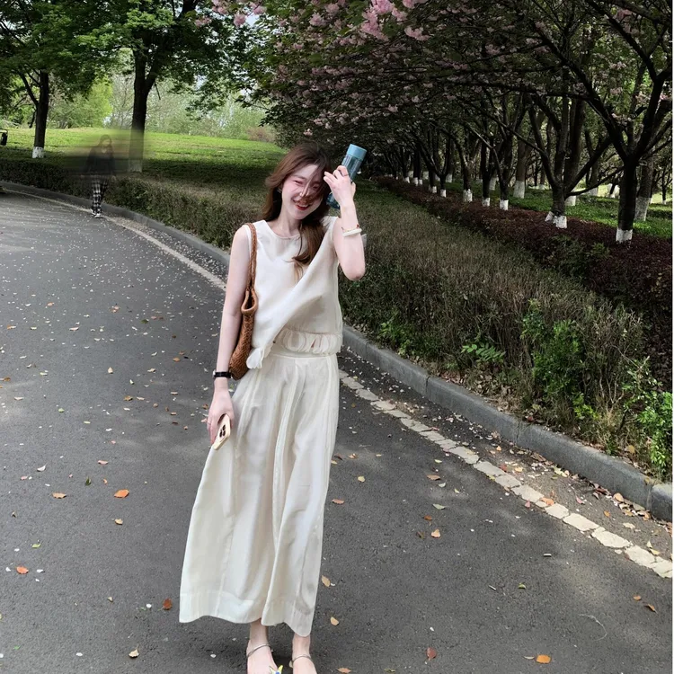 韩版甜美花边无袖背心上衣灯笼半身裙两件套女2025夏款小花两件套