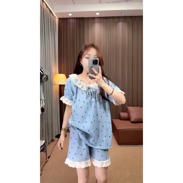 韩版ins甜美蕾丝边蝴蝶结印花睡衣套装夏季休闲宽松家居服