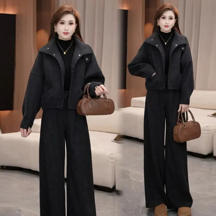 La babite时尚套装2025秋冬新款百搭宽松加厚外套阔腿裤两件套