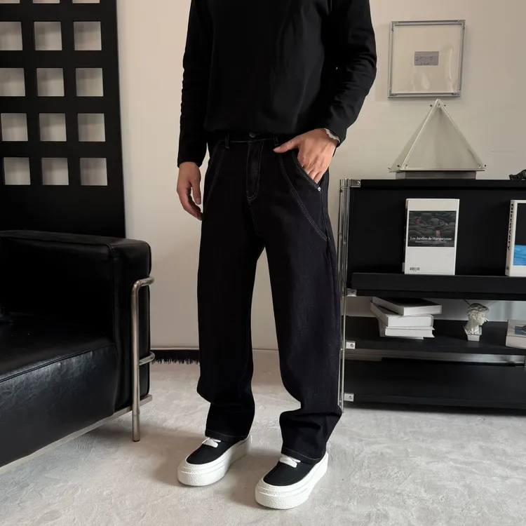 原色牛仔高品质牛仔裤男士秋冬季加绒加厚垂感阔腿弯刀裤休闲裤男