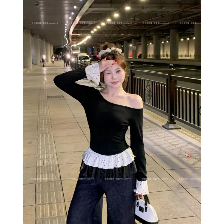 萌面侠芝士【韩剧女二】法式拼接波点上衣出游服装女5856流光风