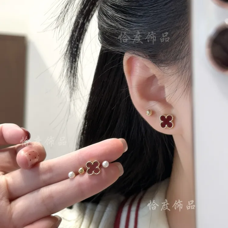 铜合金仿珍珠耳饰 【恰度】经典红色四叶花朵珠珠六件套耳钉