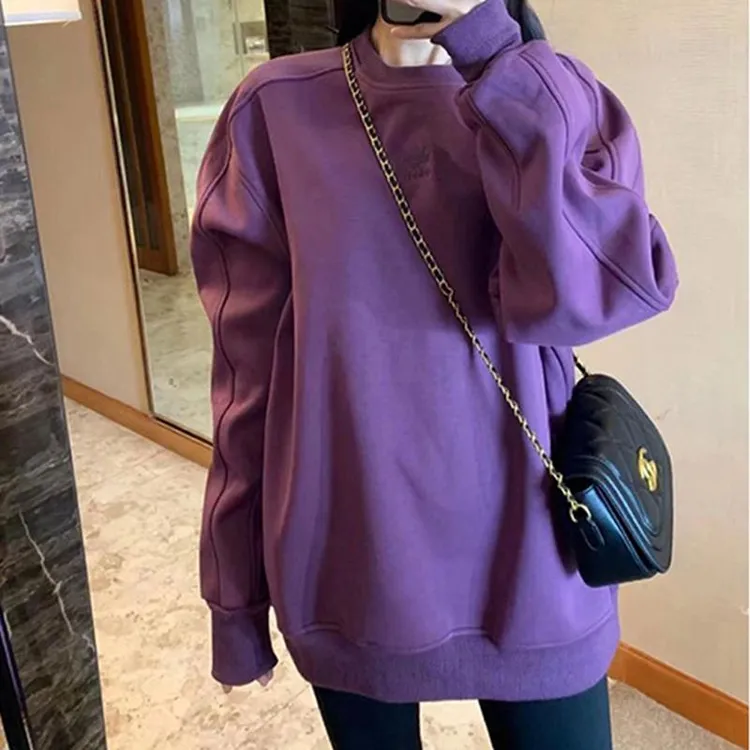 无帽小个子紫色加绒卫衣女2025新款爆款秋冬潮牌小众高级感慵懒风