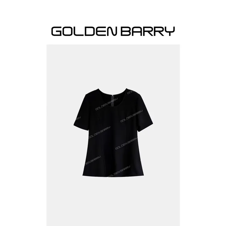GOLDENBARRY极简深U领三醋酸小黑衫上衣215113
