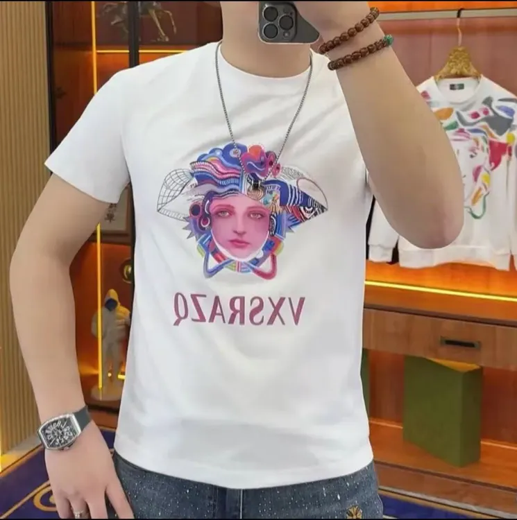 时尚夏季新款潮流潮牌圆领2025体恤印花修身男士短袖T恤帅气轻奢