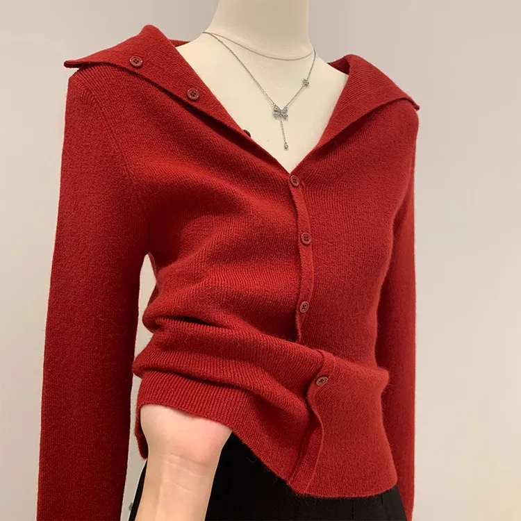 新年红色polo翻领长袖针织衫女2026秋冬修身气质绝美内搭打底上衣