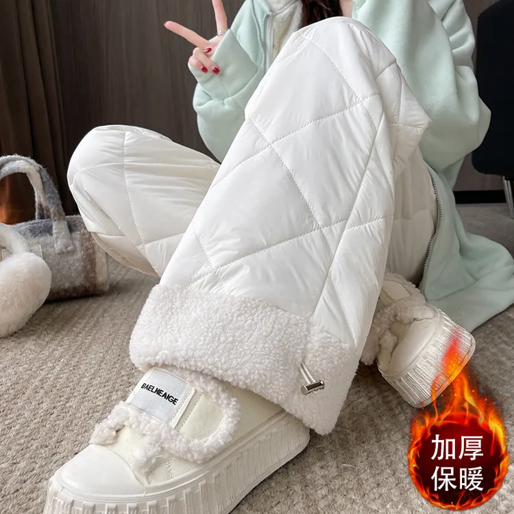防风防水拼接羊羔绒棉裤直筒裤女高腰宽松保暖加厚长裤女士棉裤子