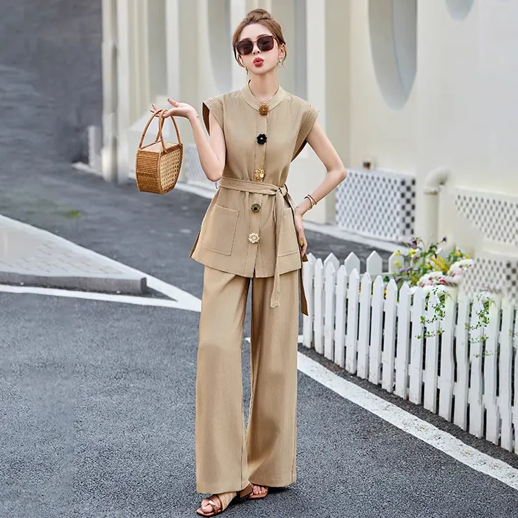 小香风套装女夏季高级设计感时尚洋气时髦收腰马甲阔腿裤两件套女