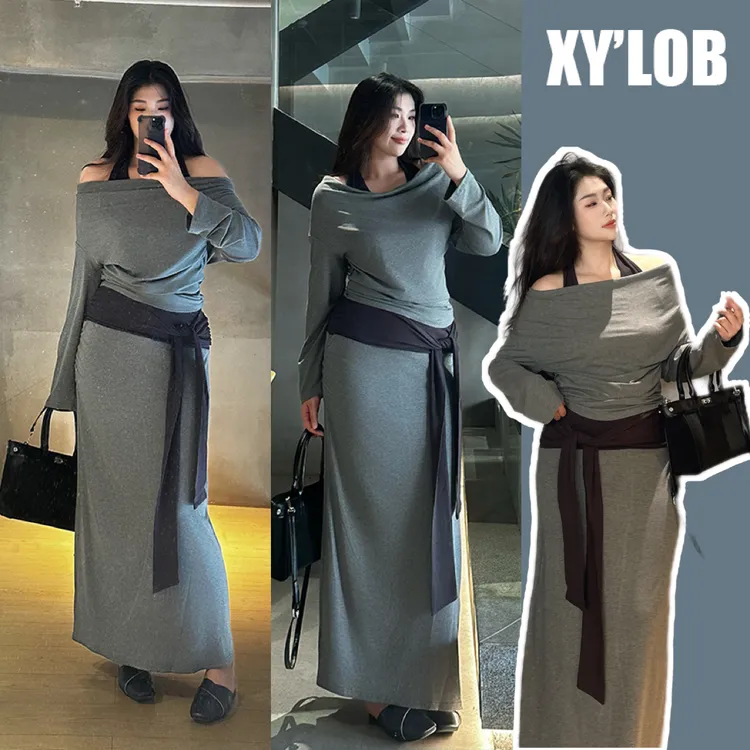 XY‘高分欧尼’微胖大码休闲风纯欲风法式时尚套装上衣连衣裙
