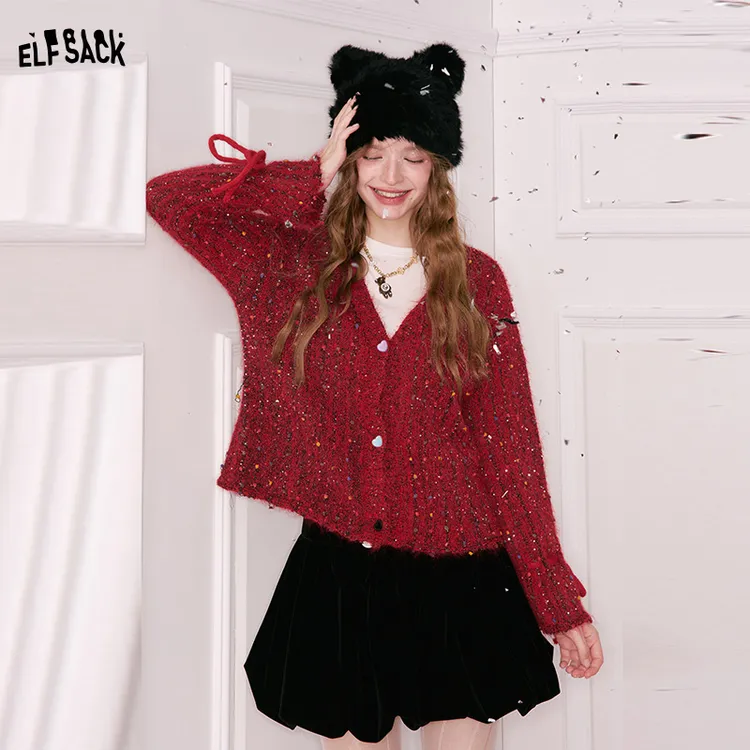 妖精的口袋彩色亮片v领红色毛衣女2025冬季新款甜美上衣圣诞穿搭