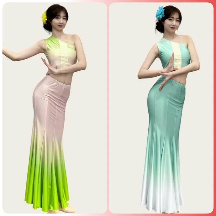 傣族舞蹈演出裙女成人半身包臀渐变练习裙艺考培训民族表演服饰