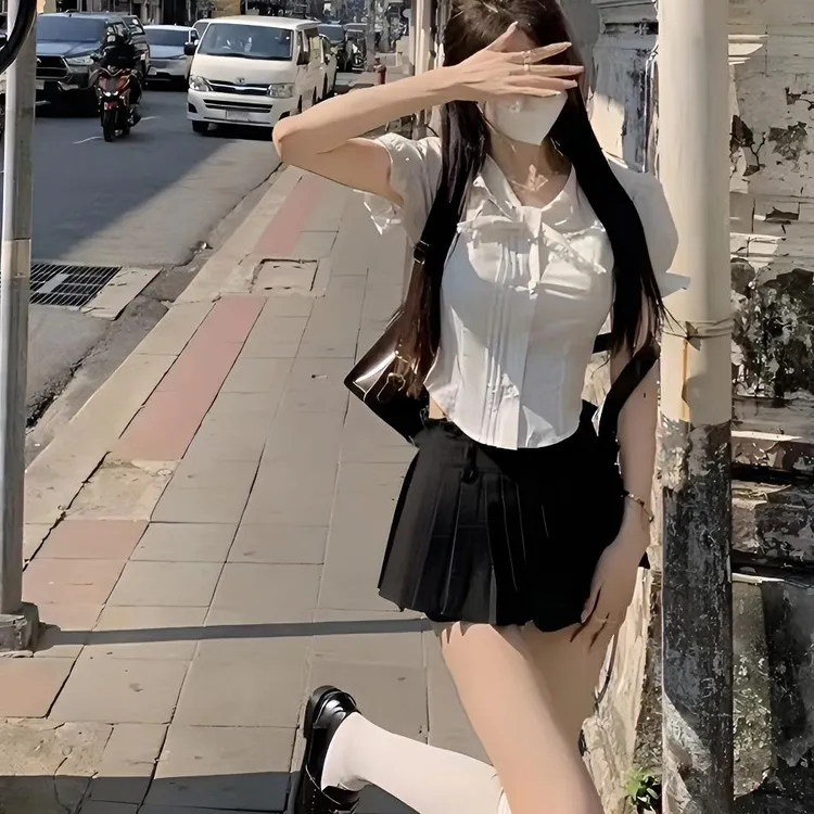 【XY】设计感显瘦短款花边泡泡袖学院风短袖衬衣+时尚百搭百褶裙裤