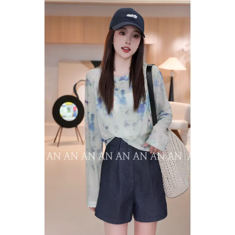 时髦新款慵懒风轻薄宽松长袖打底扎染防晒罩衫T恤