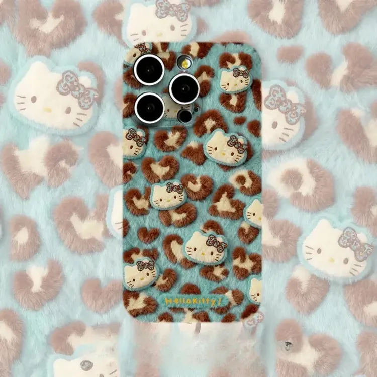 冬季平面蓝色毛绒KT豹纹适用苹果17pro手机壳air华为VIVO小米OPPO