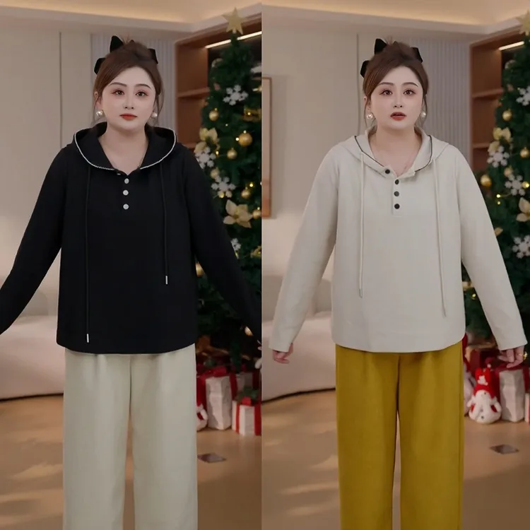 【胖佳佳】现货~深秋日记 磨毛连帽卫衣秋冬时尚内搭上衣H625Z19304