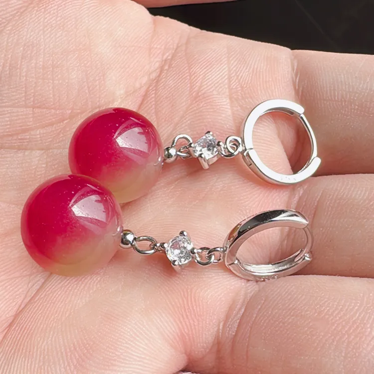 天然玉髓西瓜红耳环S925银不过敏耳坠大气简约时尚2026年新款耳饰