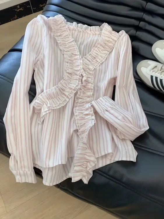 粉色条纹木耳边v领长袖衬衫女装春季别致独特设计感小众衬衣上衣