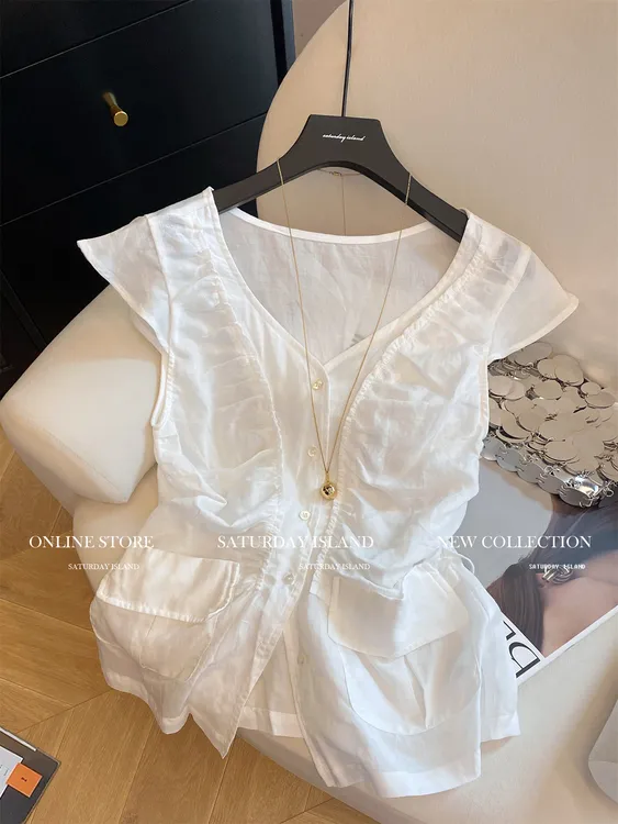 2025夏新款白色褶皱木耳边拼接V领小飞袖衬衫女装设计感显瘦上衣