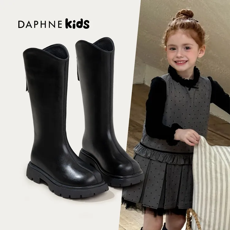 达芙妮女童长筒靴秋冬加绒儿童靴子软底女宝马丁靴高筒靴加绒皮靴