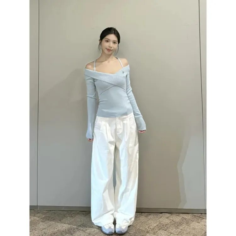 美式复古白色宽松褶皱牛仔裤女2025春季新款纹理直筒垂感阔腿裤子