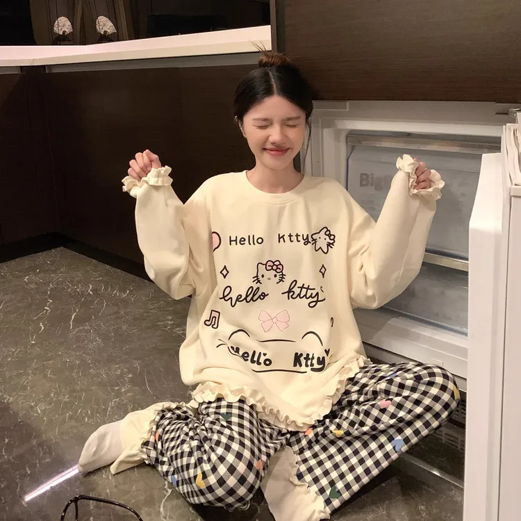 2025新款KT猫秋冬季睡衣女长袖德绒加厚保暖网红家居服套装可外穿