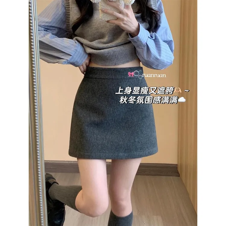 【2091】大码女装胖mm加厚毛呢半身裙冬季显瘦防走光a字包臀短裙