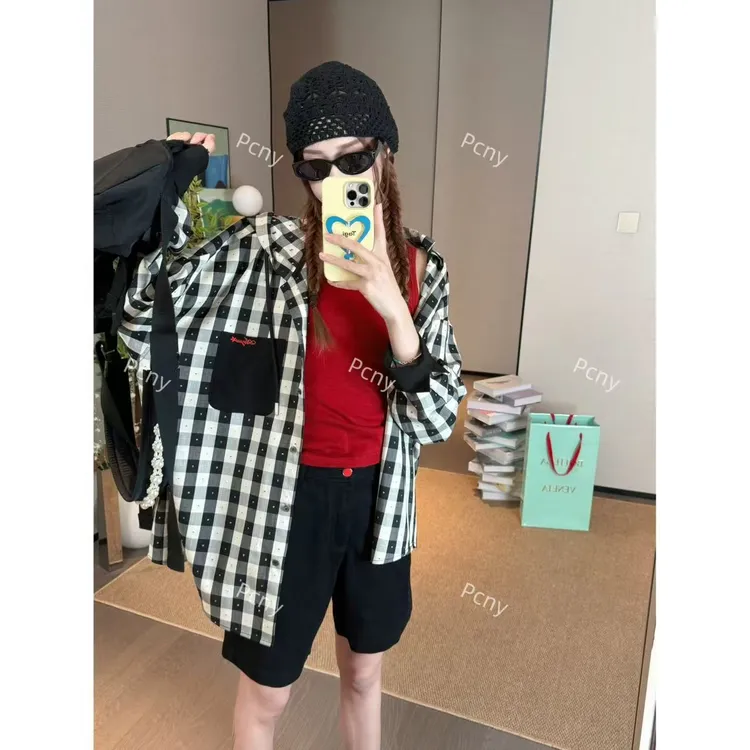 PCNY「格调诗语」不理理夏季新款小众女装格纹英伦风拼色口袋衬衫女