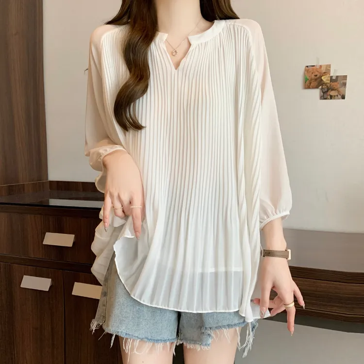 法式荷叶边遮肚子短袖雪纺衫女夏季大码女装胖mm宽松显瘦t恤上衣