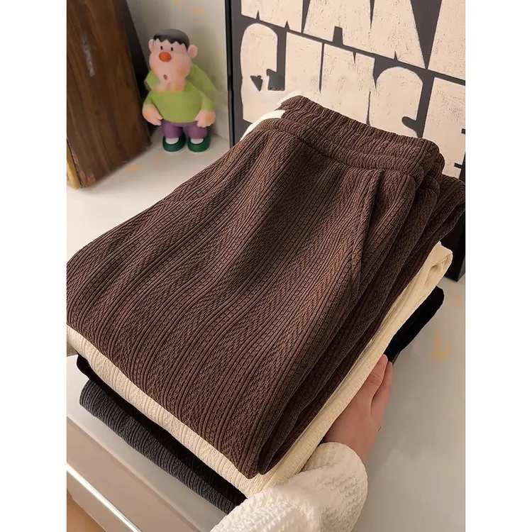 咖啡色弯刀裤子男款秋冬cleanfit雪尼尔麦穗卫裤宽松休闲加绒长裤