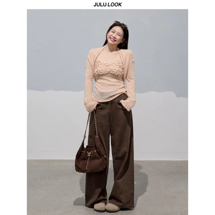 巨鹿工作室“续写绯色”微胖mm纯欲针织披肩立体花朵吊带大码套装