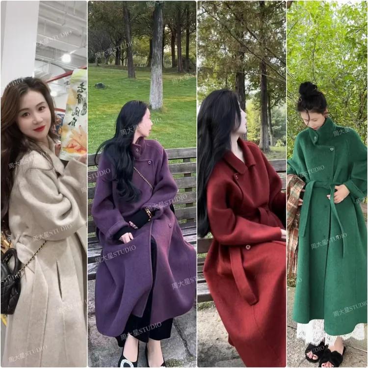 【周大星定制】秋季上新加绒加厚宽袖长款冬季紫色醋酸羊毛大衣F836