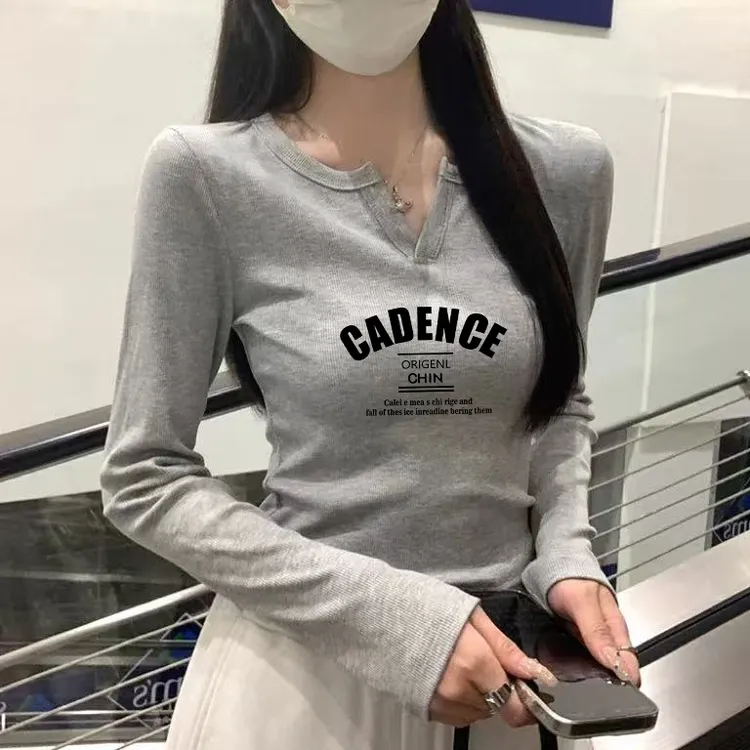 棉质正肩长袖t恤女2025新款秋季v领修身短款内搭打底衫上衣女