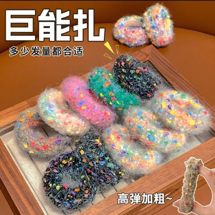 彩色毛线发圈高弹力发饰耐用皮筋毛巾加粗简约头发丸子高马尾头绳