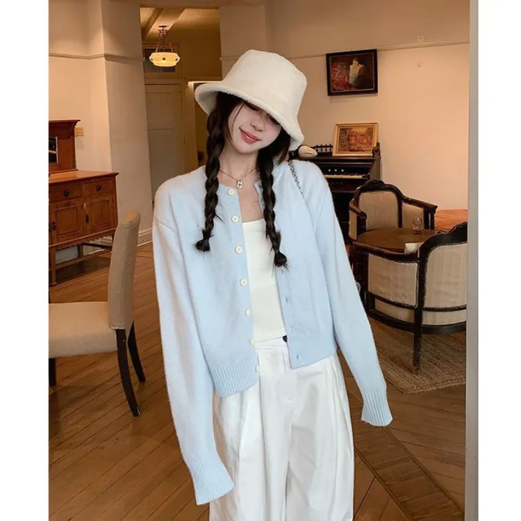 早秋蓝色开衫2024春秋新款设计感针织衫软糯上衣毛衣新款外套女