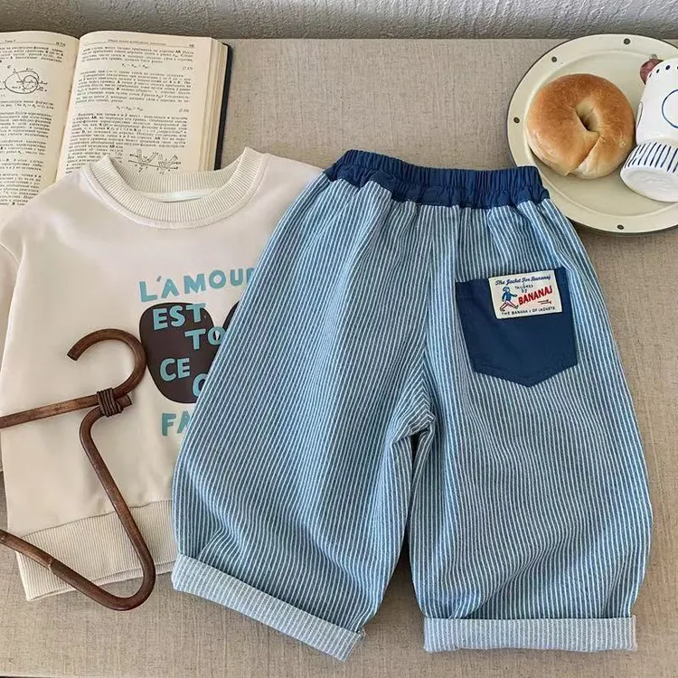儿童休闲裤条纹男秋冬款小童直筒裤长裤潮宝宝纯色哈伦裤女新款