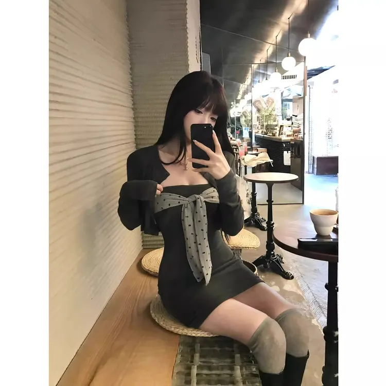 pinkmoon||纯欲辣妹套装女秋小个子修身包臀连衣裙长袖开衫两件套