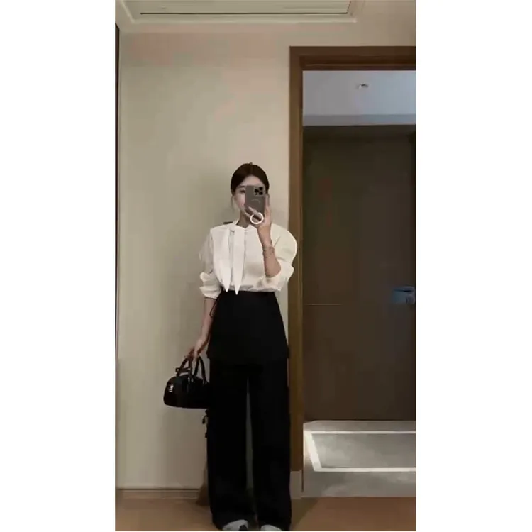 简约时尚轻职风气质百搭系带修身长袖衬衫高腰百搭休闲直筒长裤女