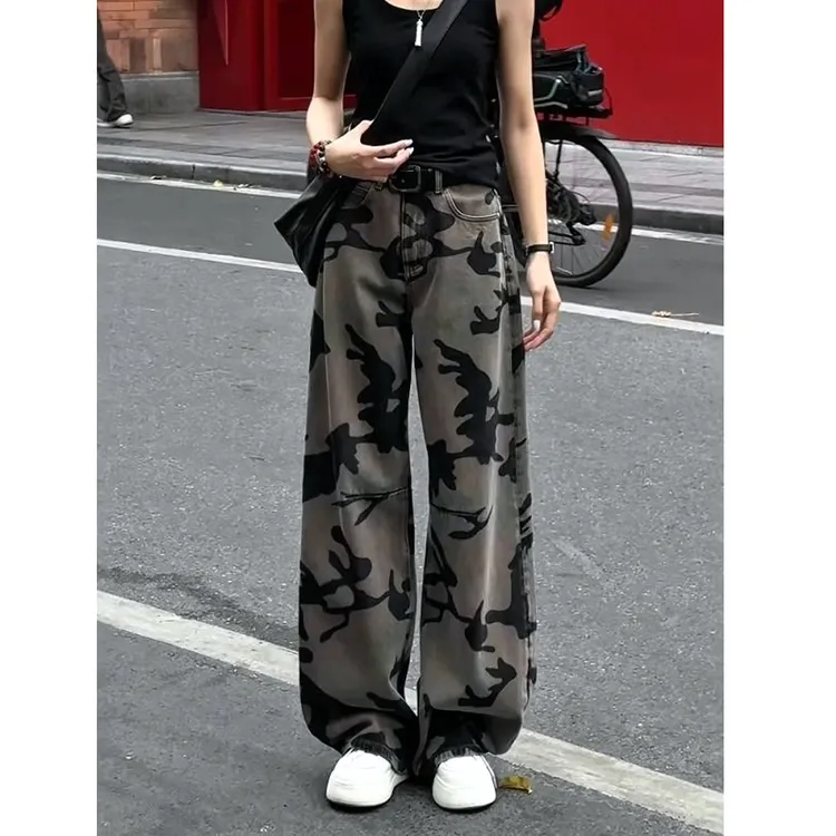 欧洲站秋季高级印花高腰复古咖色牛仔弯刀裤女韩版显瘦直筒工装裤