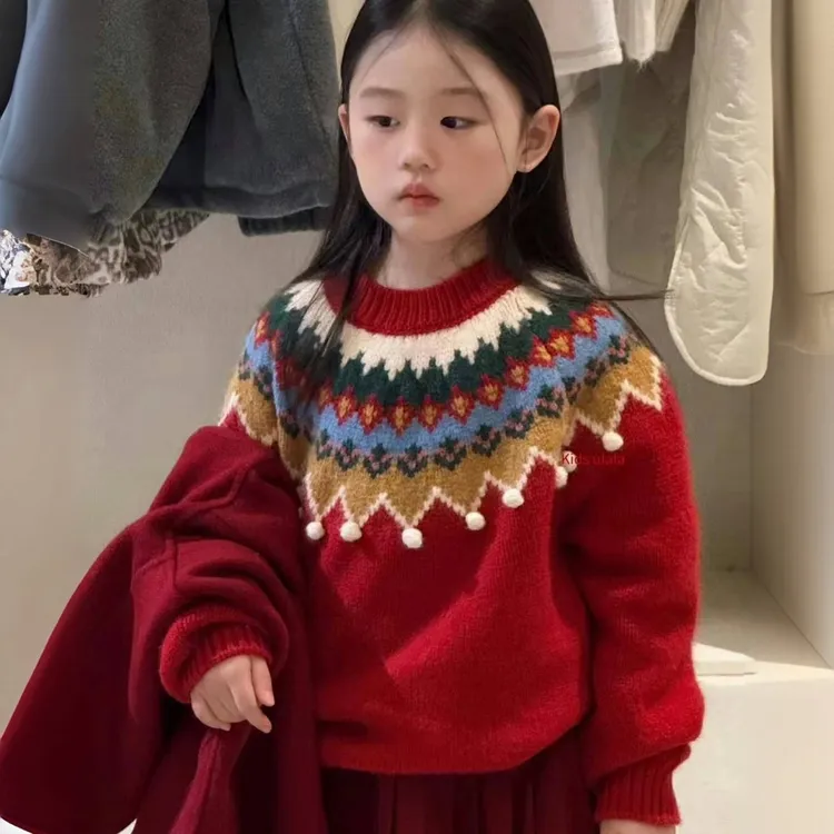 女童红色费尔岛毛衣秋冬季新款儿童女宝保暖慵懒穿搭针织衫上衣